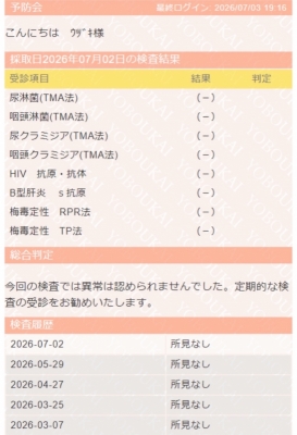 UZUKI（ｳﾂﾞｷ） 7月度性病検査結果報告