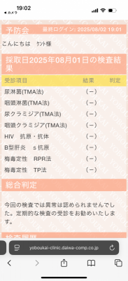 KENTO(ｹﾝﾄ) 7月末の性病検査結果