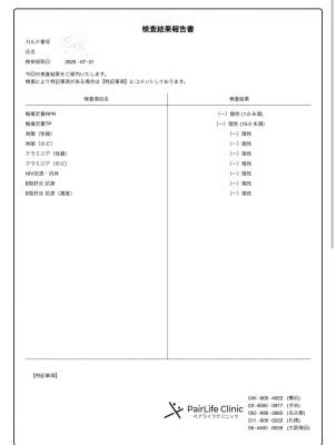SENYA(ｾﾝﾔ) 8月の性病検査結果◎