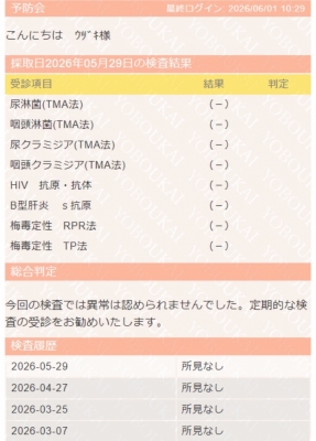 UZUKI（ｳﾂﾞｷ） 6月度性病検査結果報告