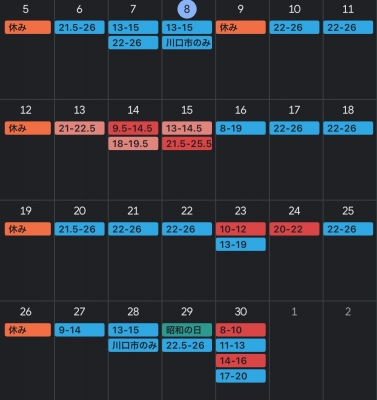 NOBU（ﾉﾌﾞ） 今日現在のシフト