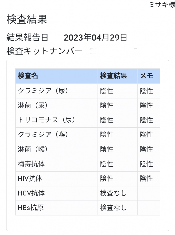 MISAKI(ﾐｻｷ) 性病検査結果