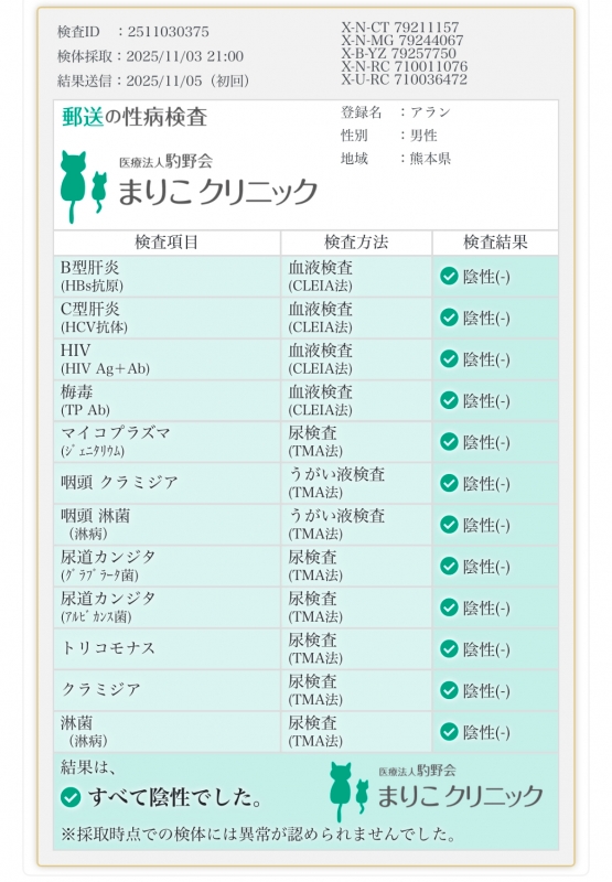 ARAN(アラン） 11月性病検査✅