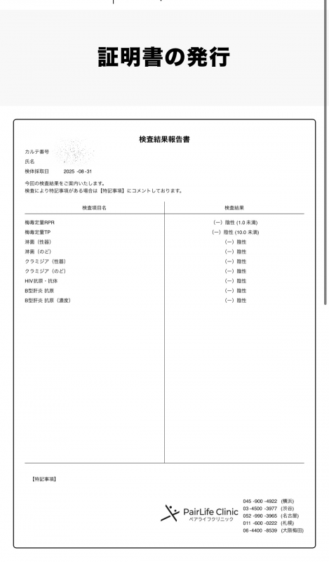 SENYA(ｾﾝﾔ) 9月の性病検査結果◎