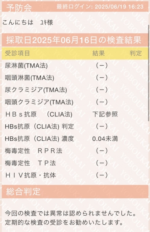 YUKI（ﾕｷ） 6月検査結果
