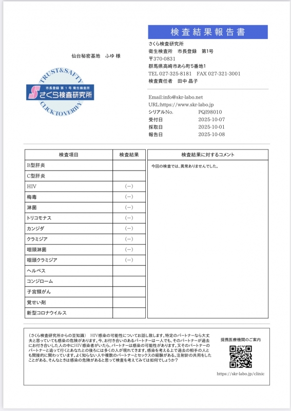 FUYU(ﾌﾕ) 9月検査結果ご報告