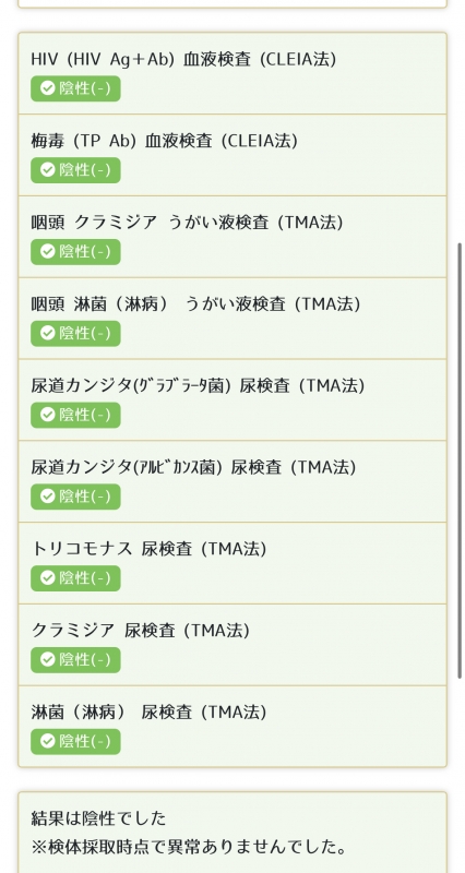 TAKUMI(ﾀｸﾐ) 定期性病検査の結果(10月4日実施)